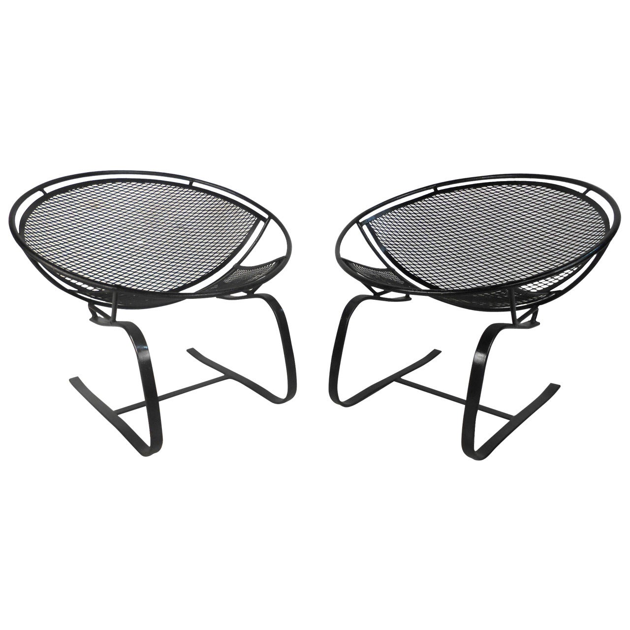 Pair Mid Century Modern Iron Cantilever Patio Chairs by Tempestini for Salterini