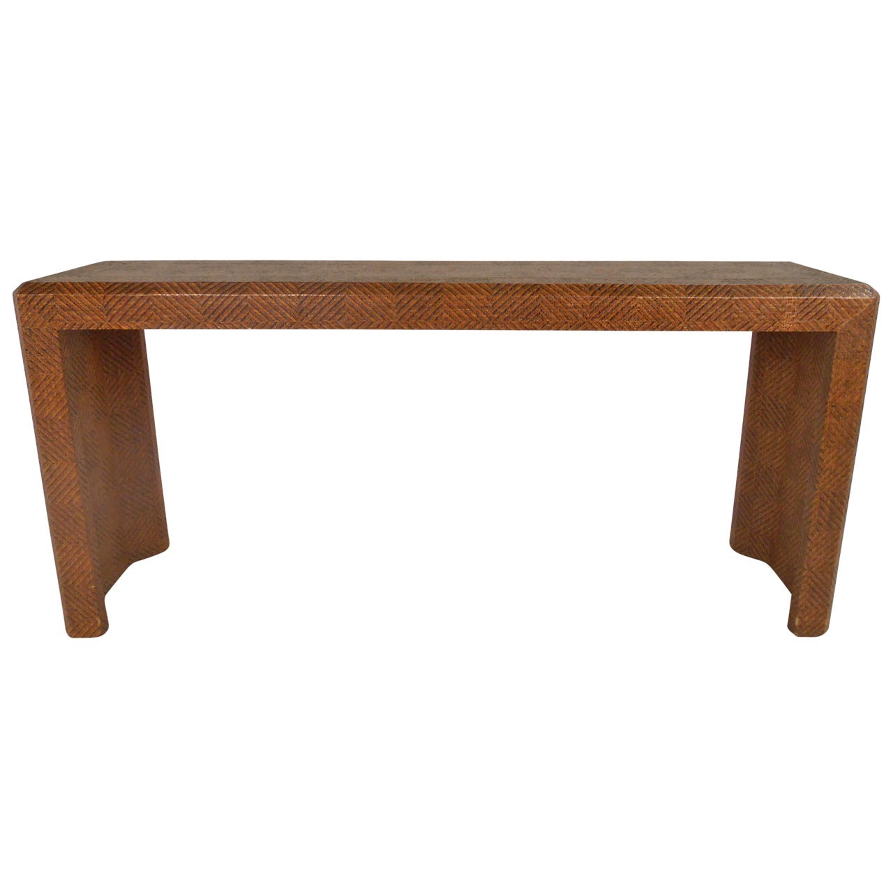 Mid-Century Modern Woven Cane Springer Style Console Table with Brass Inlay