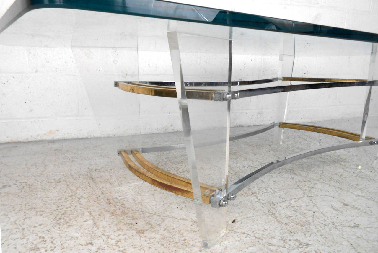 Late 20th Century Charles Hollis Jones Lucite And Brass Cocktail Table