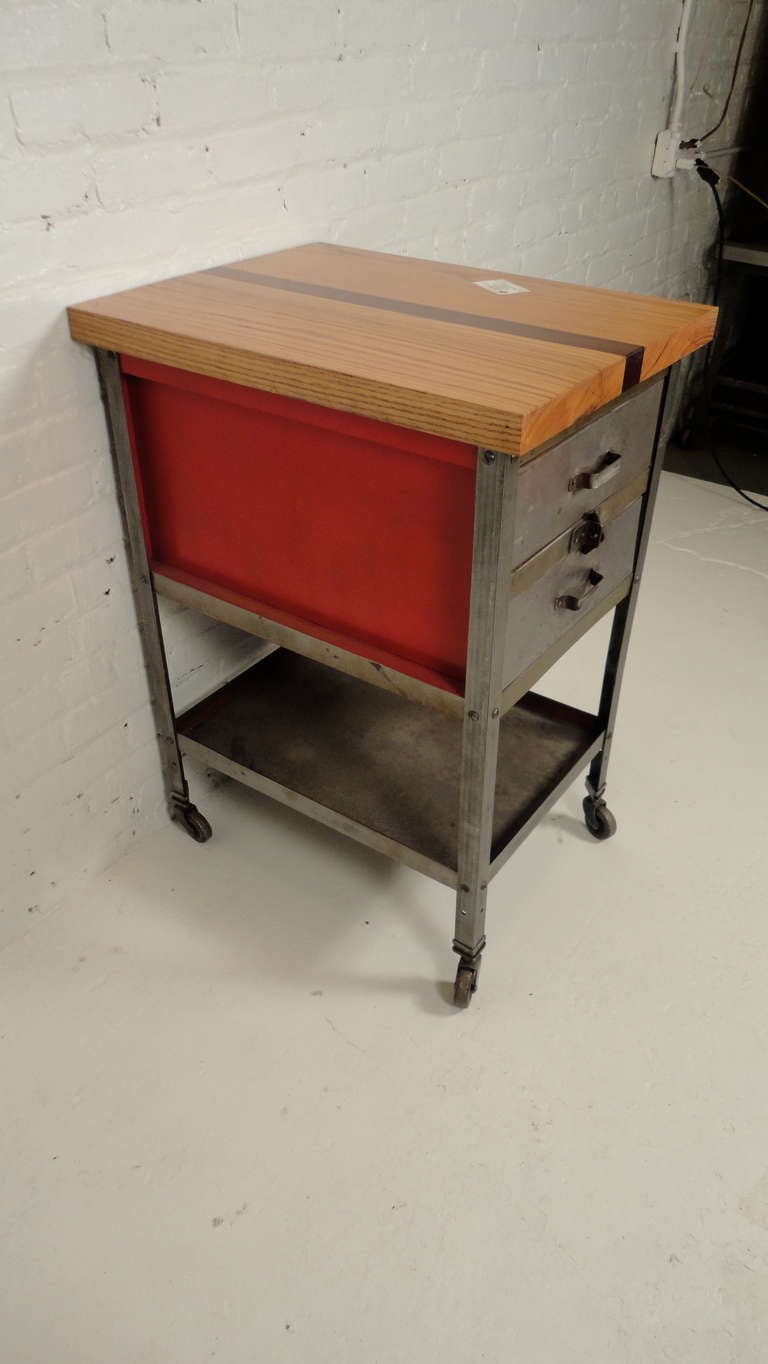 Industrial Metal Task Cabinet w/ Inlaid Wood Top In Distressed Condition In Brooklyn, NY