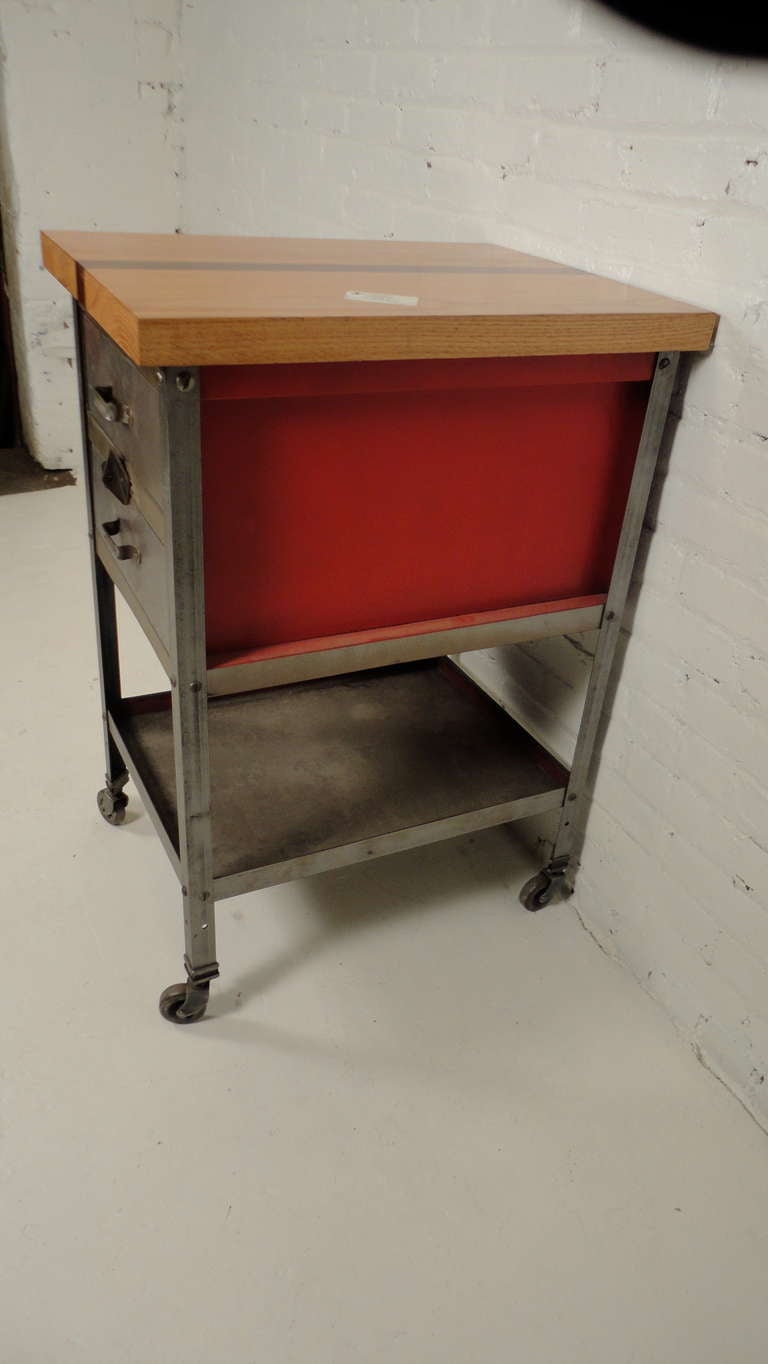 Mid-20th Century Industrial Metal Task Cabinet w/ Inlaid Wood Top