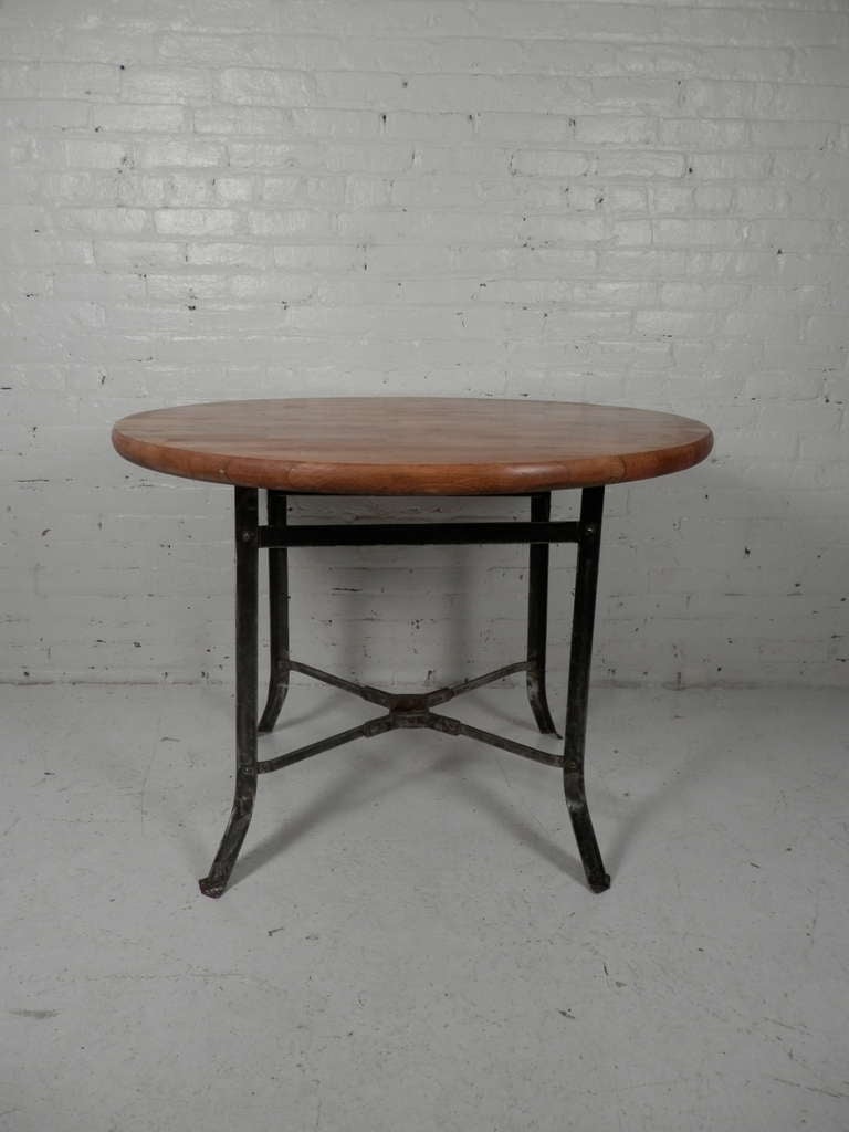 Butcher Block Dining Table with Industrial Metal Base In Distressed Condition In Brooklyn, NY