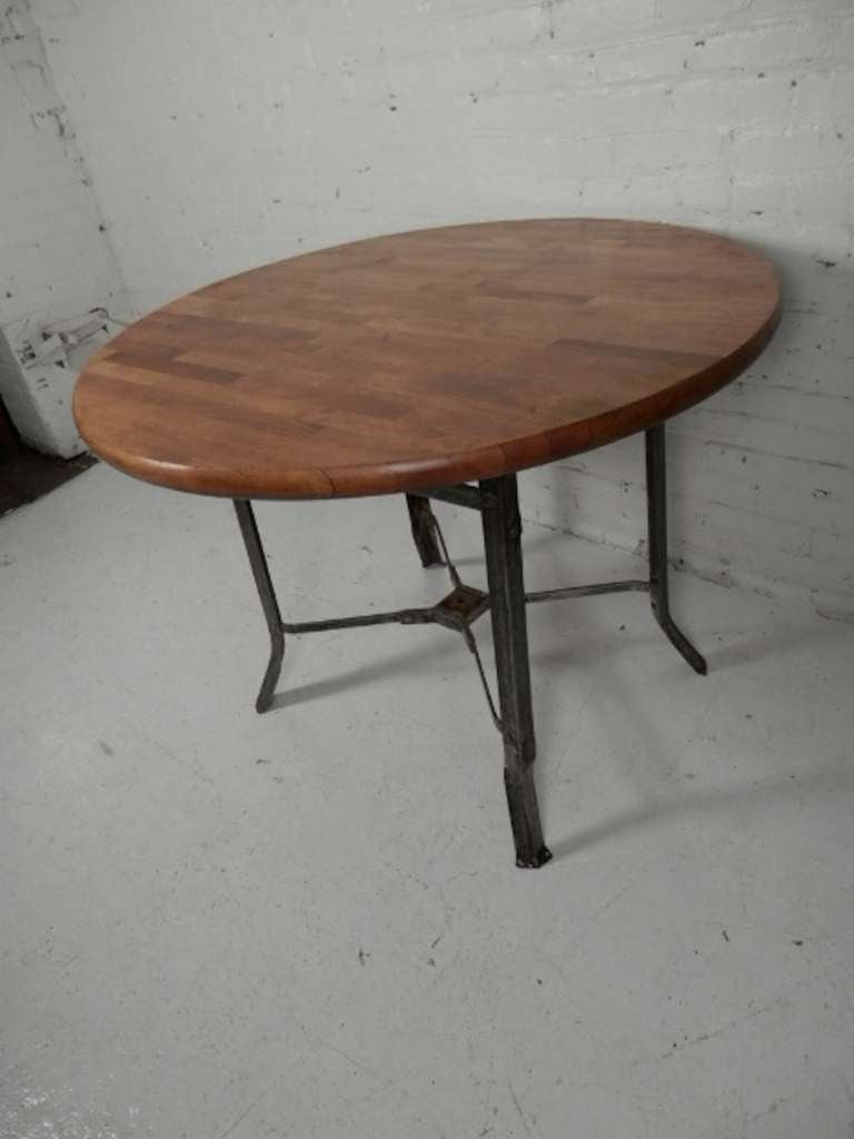 Mid-20th Century Butcher Block Dining Table with Industrial Metal Base