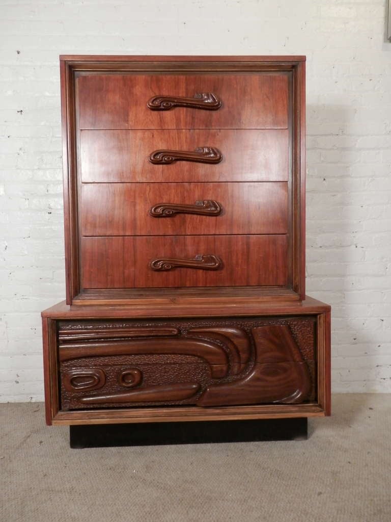 Mid-Century Modern Tall Six-Drawer Dresser with Sculpted Front by Pulaski