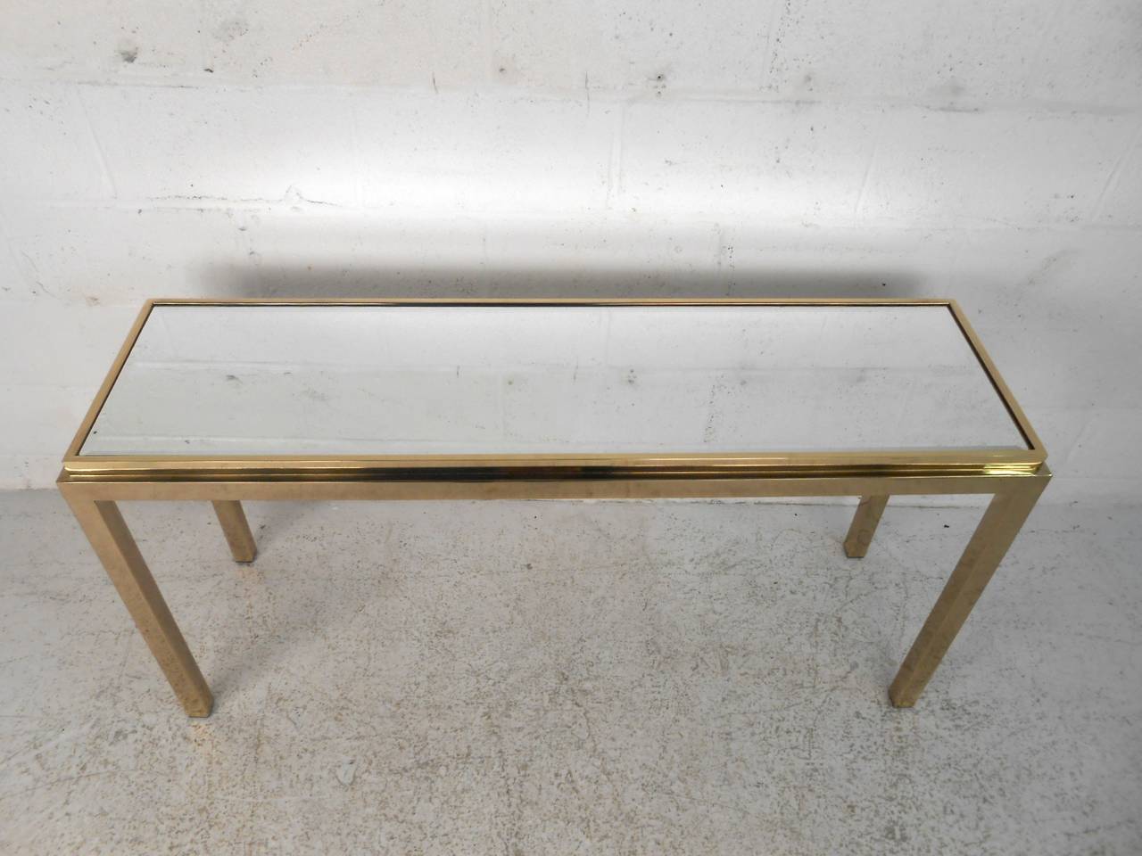 Mid-Century Modern Brass Console Table with Beveled Mirror Top