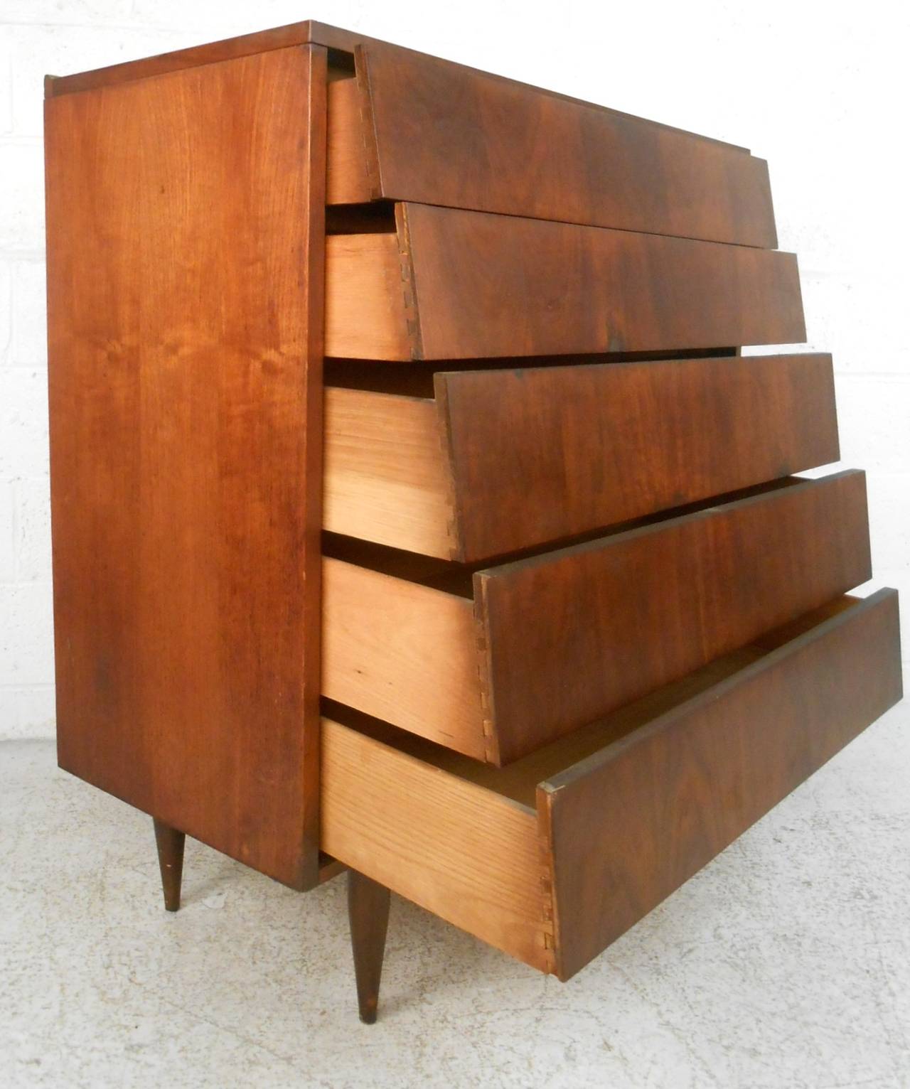 Mid Century Modern Louvered Front Walnut Dresser By Ward Furniture Mid Century Modern Louvered Front Walnut Dresser By Ward Furniture In Good Condition For