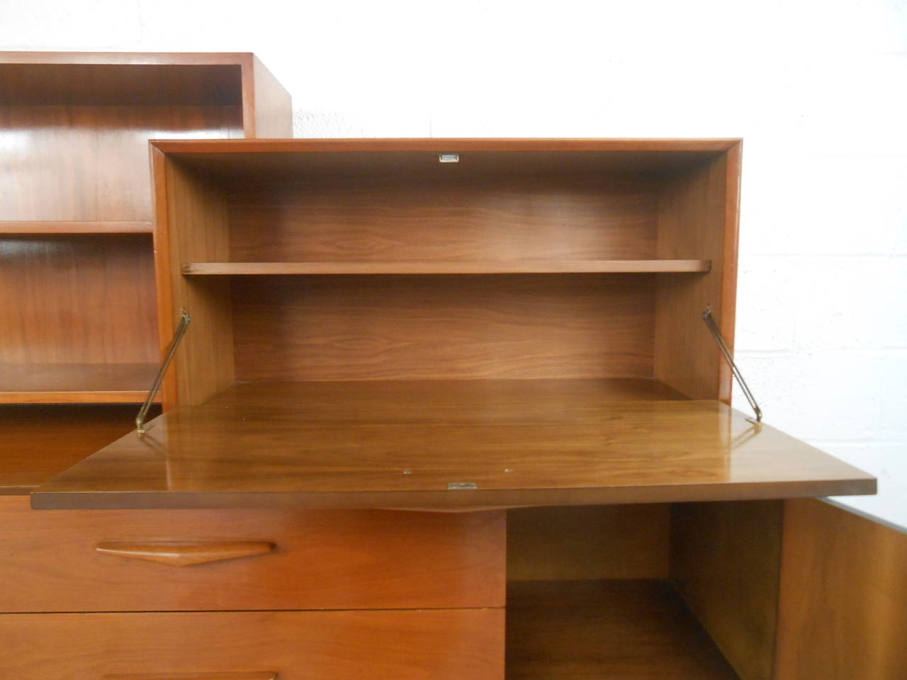 20th Century Unique Mid-Century Modern Sideboard Shelving Display With Dropfront Bar