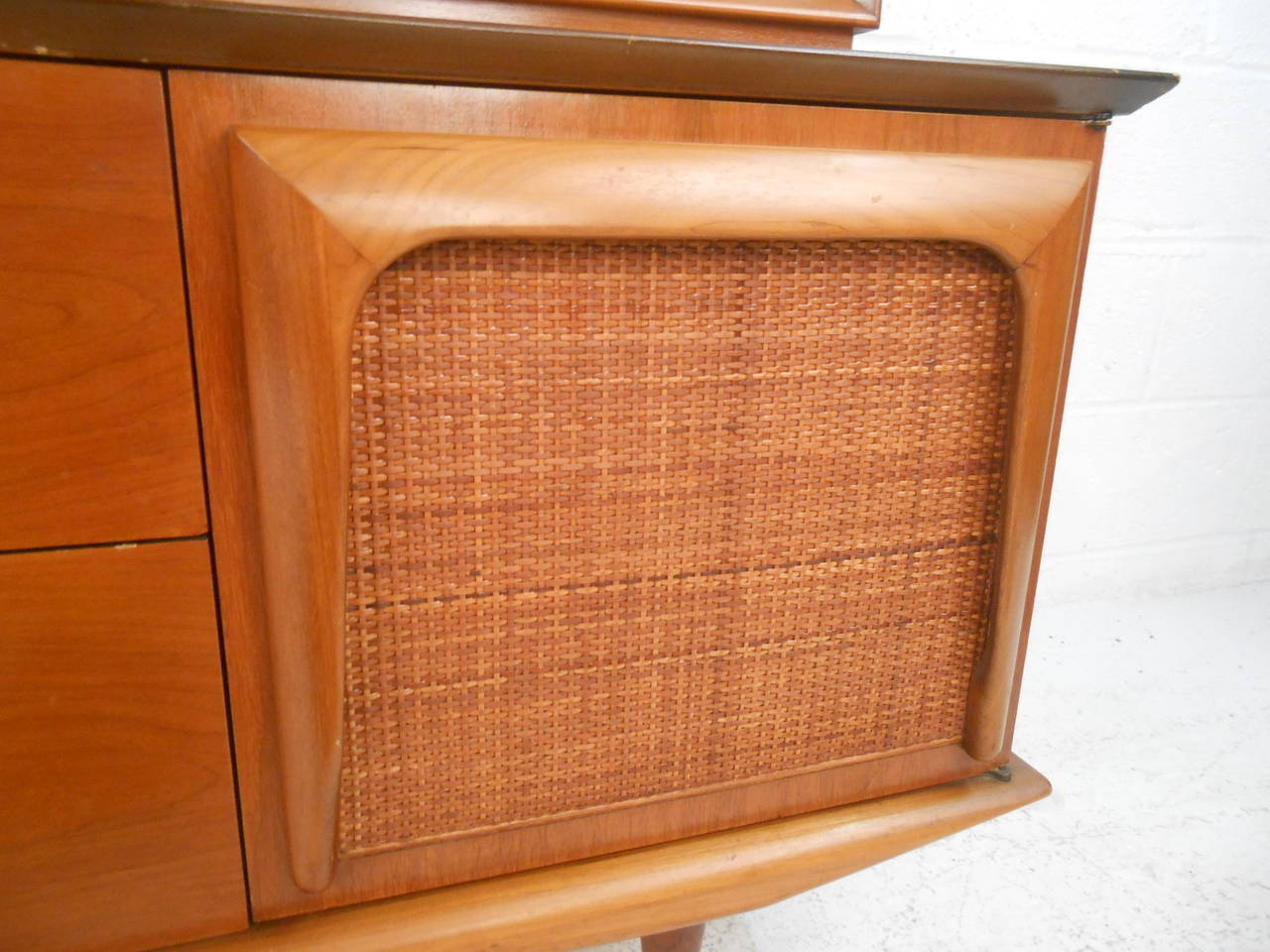 Unique Mid-Century Modern Sideboard Shelving Display With Dropfront Bar 3