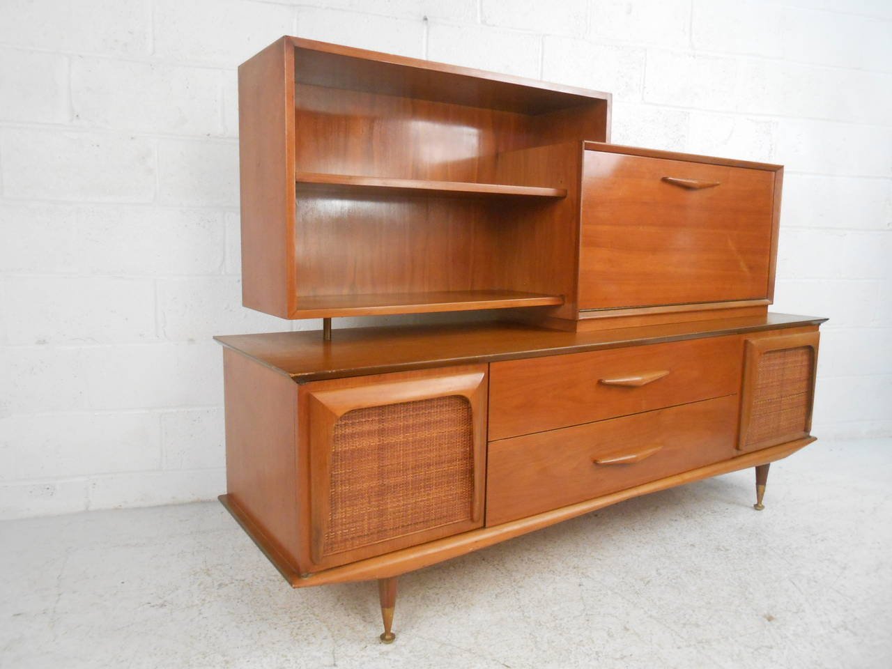 American Unique Mid-Century Modern Sideboard Shelving Display With Dropfront Bar