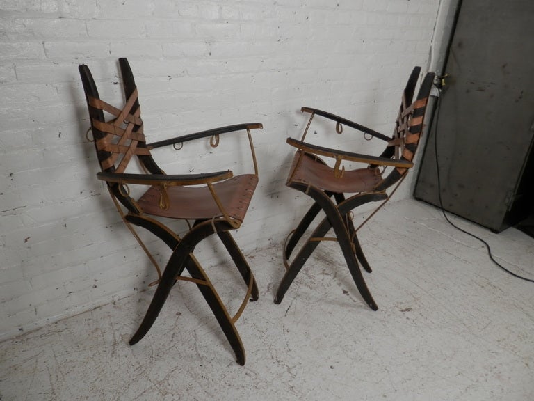 American Pair of Signed Leather Tall Armchairs by Alberto Marconetti