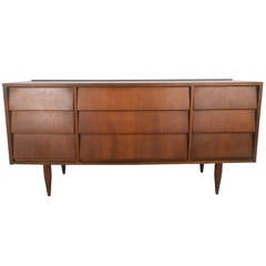 Mid-Century Modern Nine Drawer Walnut Louvered Front Dresser by Ward Furniture