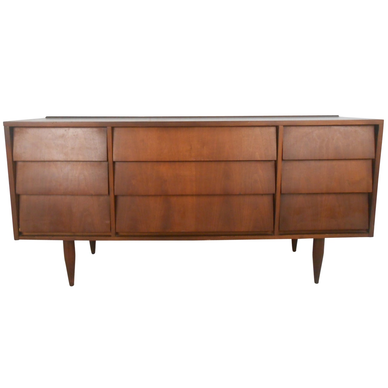 Mid-Century Modern Nine Drawer Walnut Louvered Front Dresser by Ward Furniture