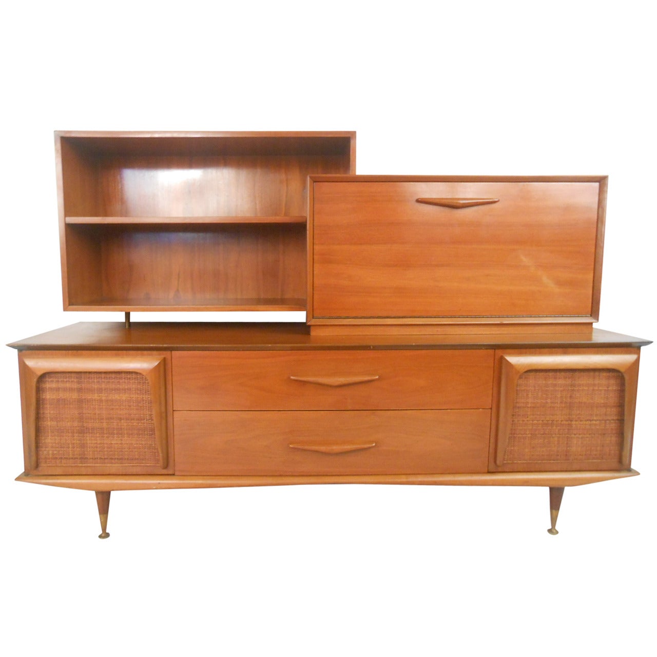 Unique Mid-Century Modern Sideboard Shelving Display With Dropfront Bar