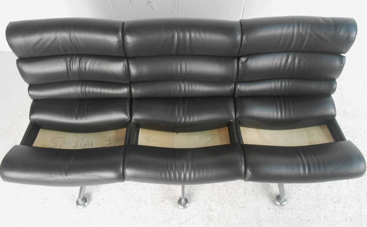 Unique Mid-Century Modern Leather Three Seat Airport Style Apartment Sofa 2