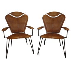Pair of Stitched Leather 
Iron Armchairs