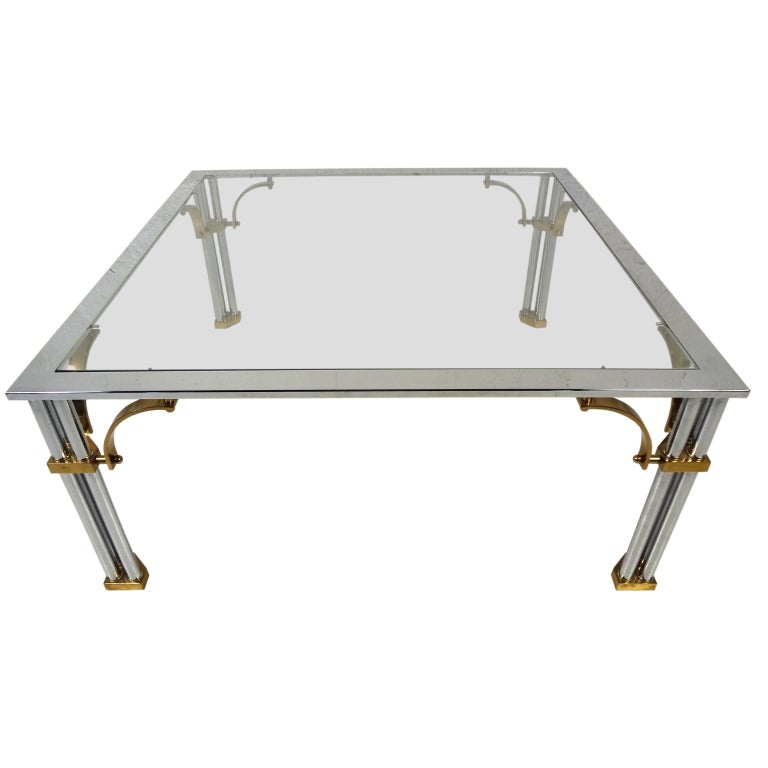 Regency Style Brass and Chrome Glass Top Coffee Table