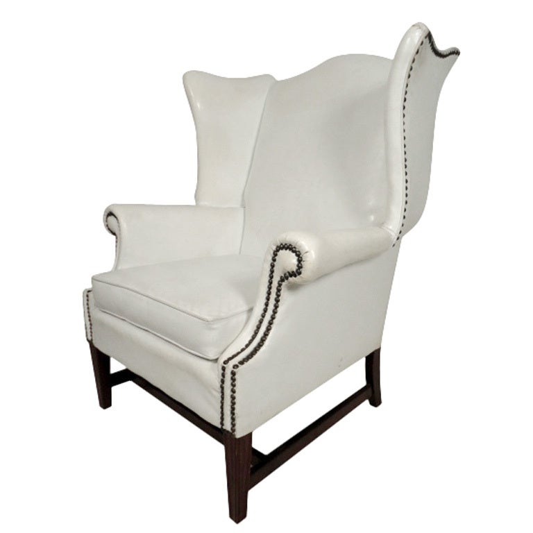 Mid-Century White Vinyl Wing Chair