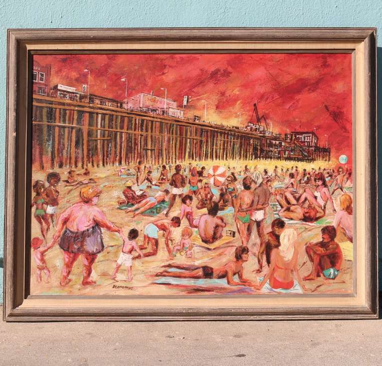 Artist depiction of the Santa Monica Pier and Beach circa 1960's.
Southern California Beaches are always crowded in the summertime, with the South Side of the Santa Monica Pier being one of the most popular. This image captures the beach at the