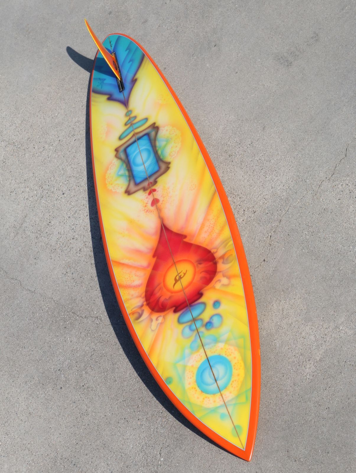 This board  is beyond eye-catching  it is a genuine collectible work of art by  Drew Brophy and Roger Hinds.  It is one of 6 boards created for the Sacred Surf series. 

This board started out life in the early 1970's and saw enough use to make it