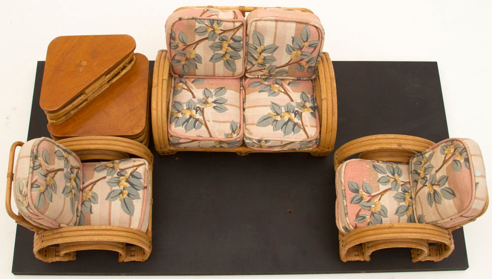 Indonesian Salesman Sample Miniature Rattan Furniture Set with Display Case