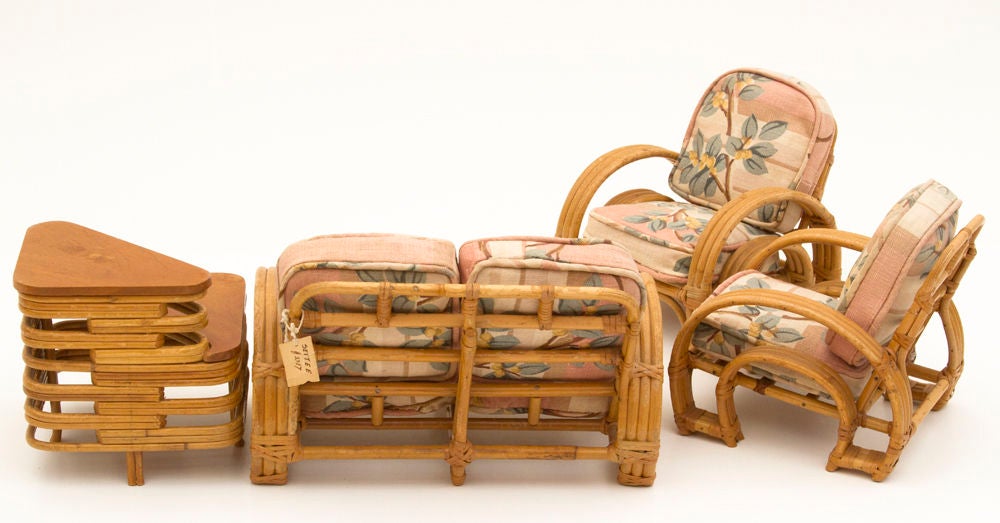 Mid-20th Century Salesman Sample Miniature Rattan Furniture Set with Display Case