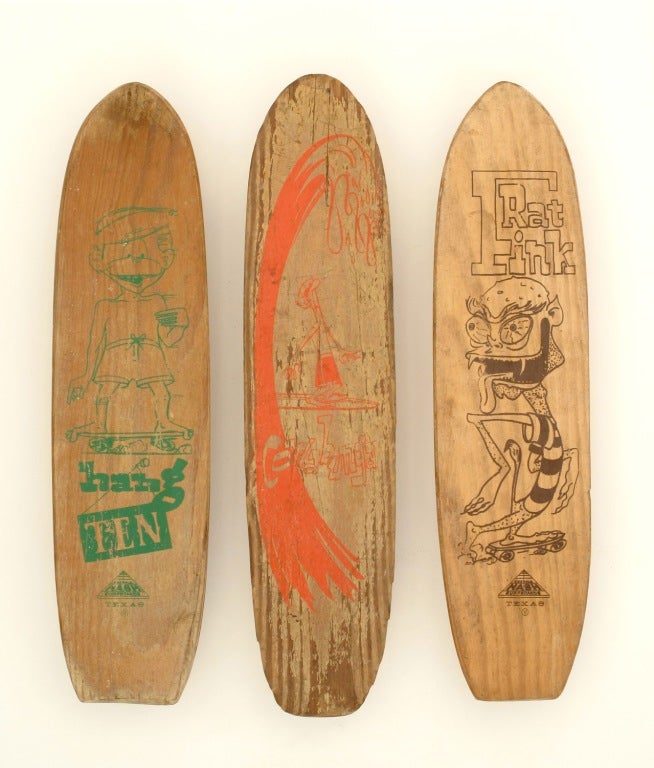 Set of three hard to find illustrated skateboards offered as a set and/or sold singly (please contact us for individual prices)

1. Hang Ten.  Adorable little 