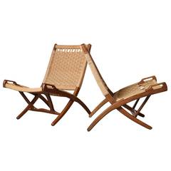 Pair of 1960s Wood and Rope Folding Chairs
