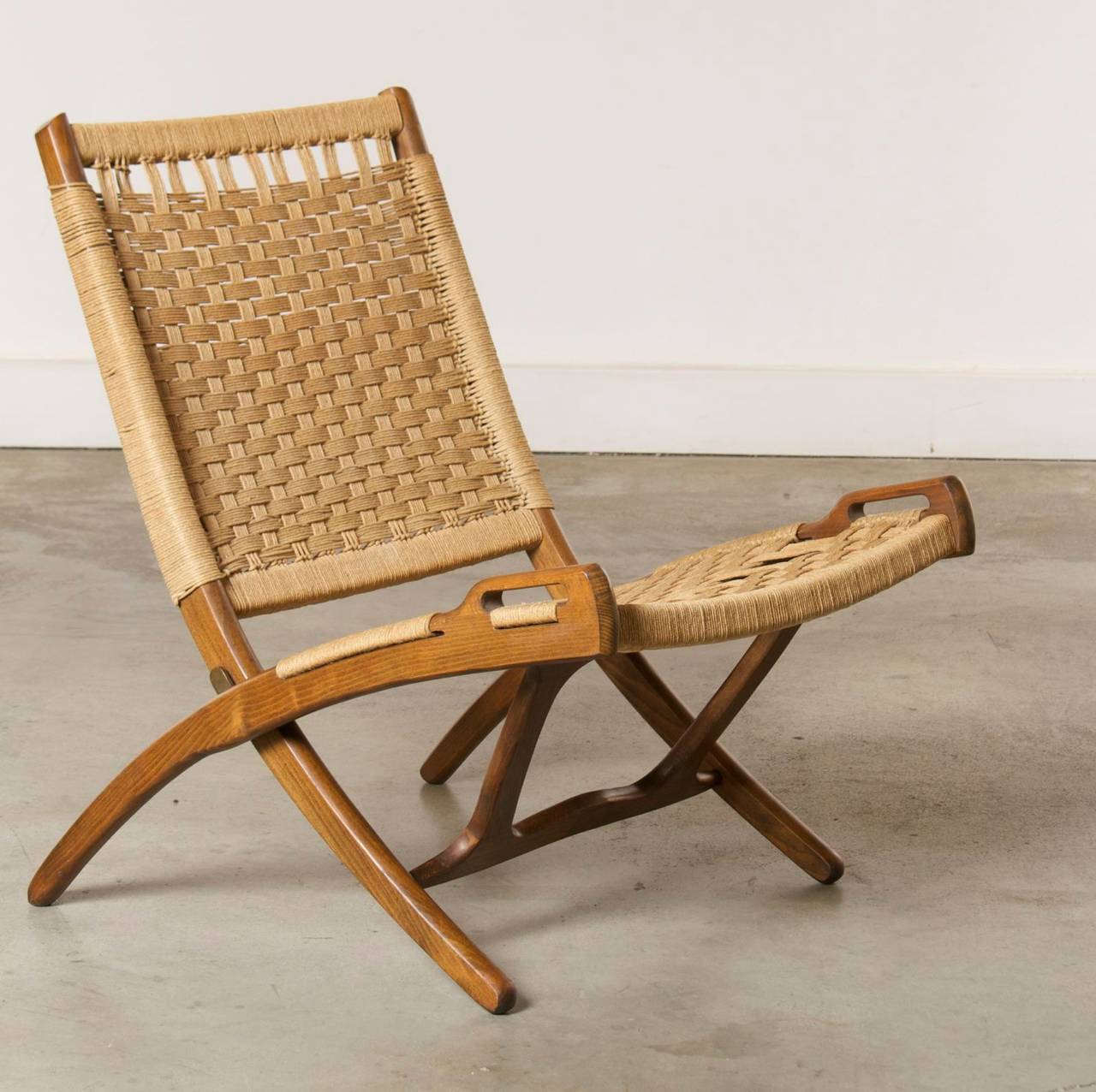 Stained Pair of 1960s Wood and Rope Folding Chairs