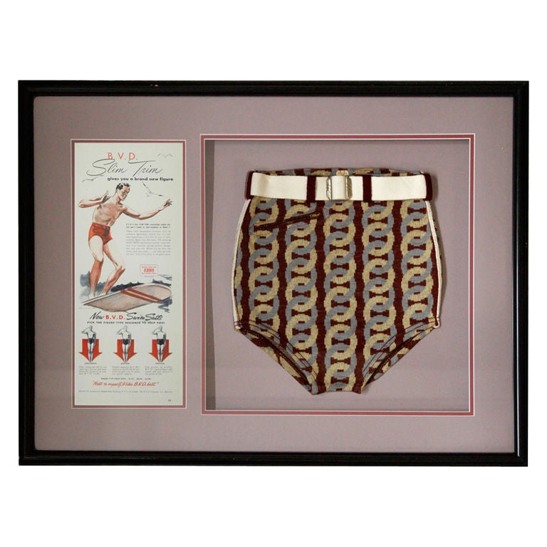 Framed Vintage Swimsuit and Advertising Card, 1940s BVD
