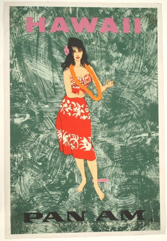 Fabulous rendition of Wahine in floral mu mu and orange lei.  In the days of the Pan Am Clipper, travel was exciting and exotic, Hawaii was both and getting there would take about 10 hours from Los Angeles.

Al Moore was a prolific illustrator of