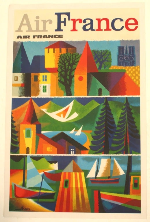 Air France Travel Tourism Poster signed Nathan. Colorful geometric triptych romancing the French landscape with idyllic views of countryside, Alps, Mediterranean, Medieval architecture and the essence of modernist French design.