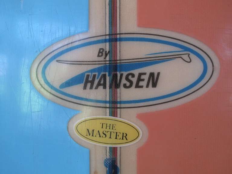 This transitional youth board was made in the late 1960s. It has a boxed in fin, is a great size for hanging or propping up in the corner and the colors are nothing less then stunning.

The Hansen Surfboard Master 8 was made in the late 1960's, at