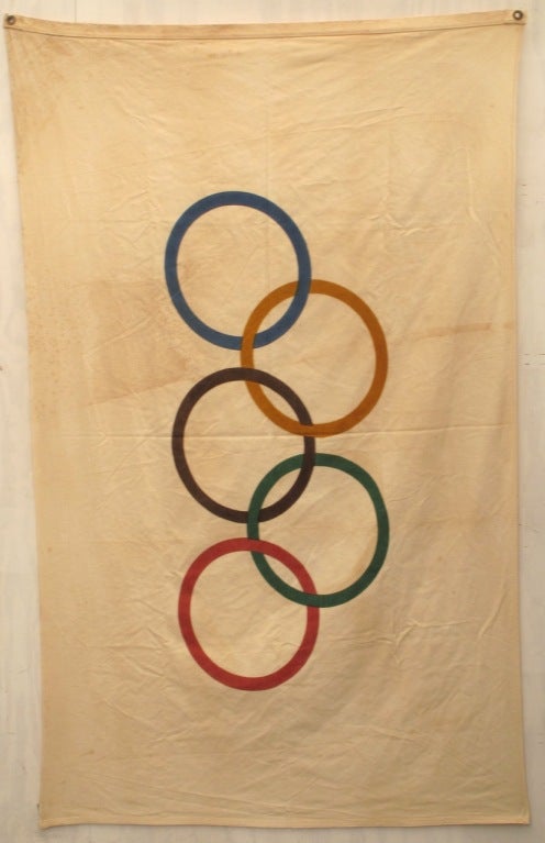 Original Vintage Olympic Flag. Cotton, Linen. Probably 1950s or 60's.