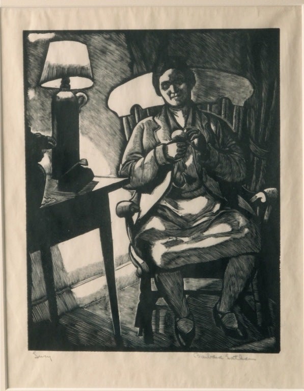 Original 1930 woodcut print on paper. Signed by the artist, Barbara Latham, in pencil. Professionally framed in wood frame with matte. Accompanied by authentication document dated 1985 and printed on Earnesto Mayans Gallery, Santa Fe NM,
