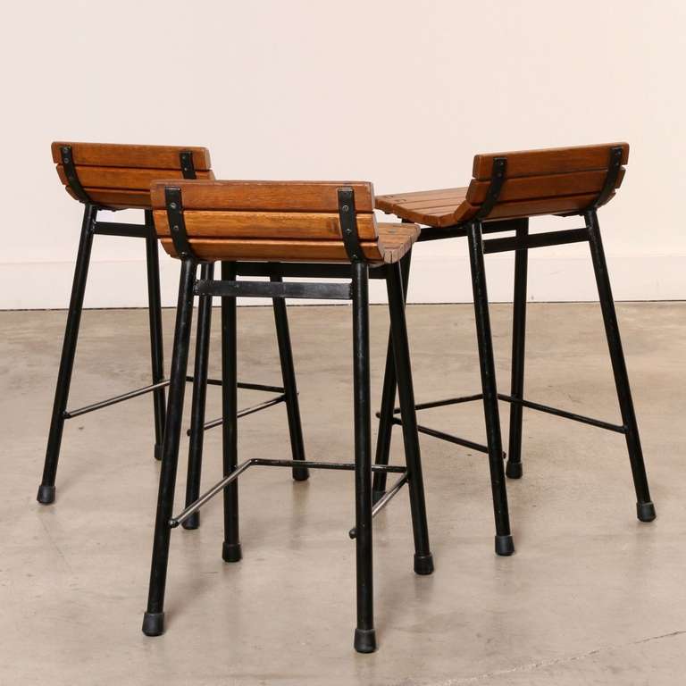 Mid-Century Modern Set of Three Cal Vista Slatted Seat Counter Height Stools, Circa 1950's