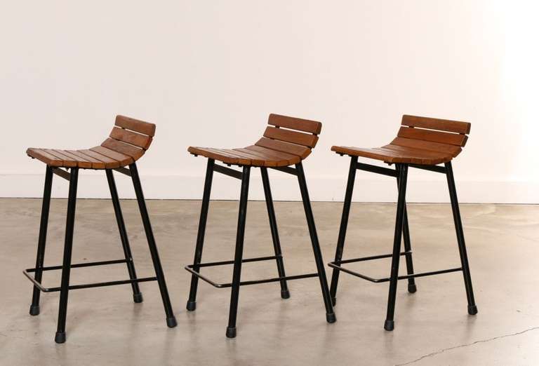 Mid-20th Century Set of Three Cal Vista Slatted Seat Counter Height Stools, Circa 1950's