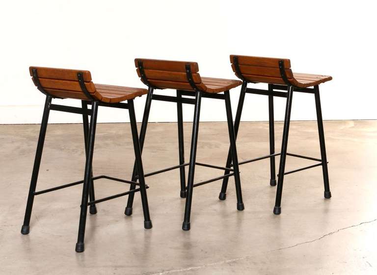 Wood Set of Three Cal Vista Slatted Seat Counter Height Stools, Circa 1950's