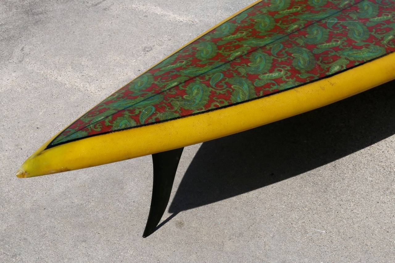 Mid-20th Century Hawaiian Gun Surfboard with Paisley Design, Rare and Original, Late 1960s For Sale