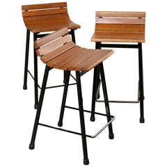 Vintage Set of Three Cal Vista Slatted Seat Counter Height Stools, Circa 1950's