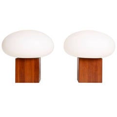 Sculpted Teak and Mushroom Glass Table Lamps by Laurel, 1960s