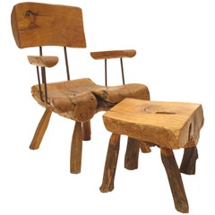 Sabena Burlwood and Iron Organic Chair and Ottoman / Table