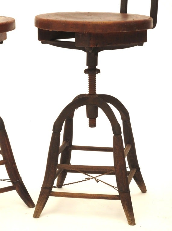 American Heywood Wakefield Oak and Iron Industrial Stools, Early 1900s