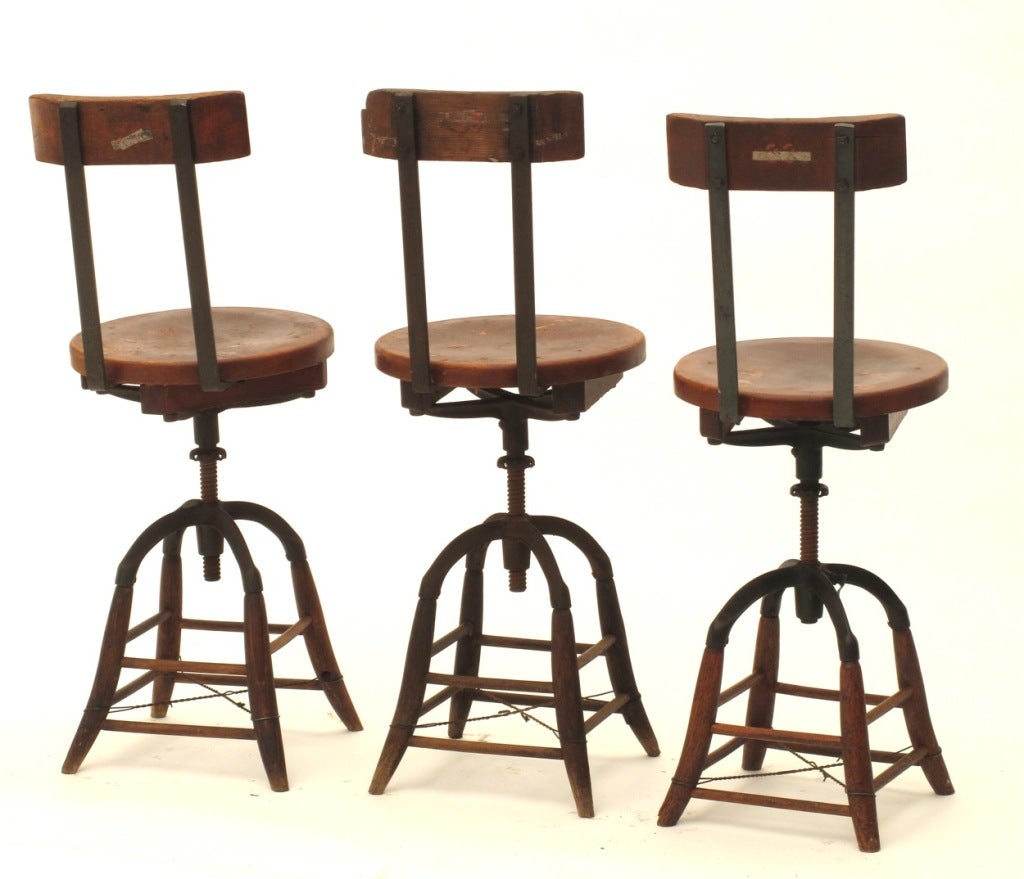 Heywood Wakefield Oak and Iron Industrial Stools, Early 1900s 6