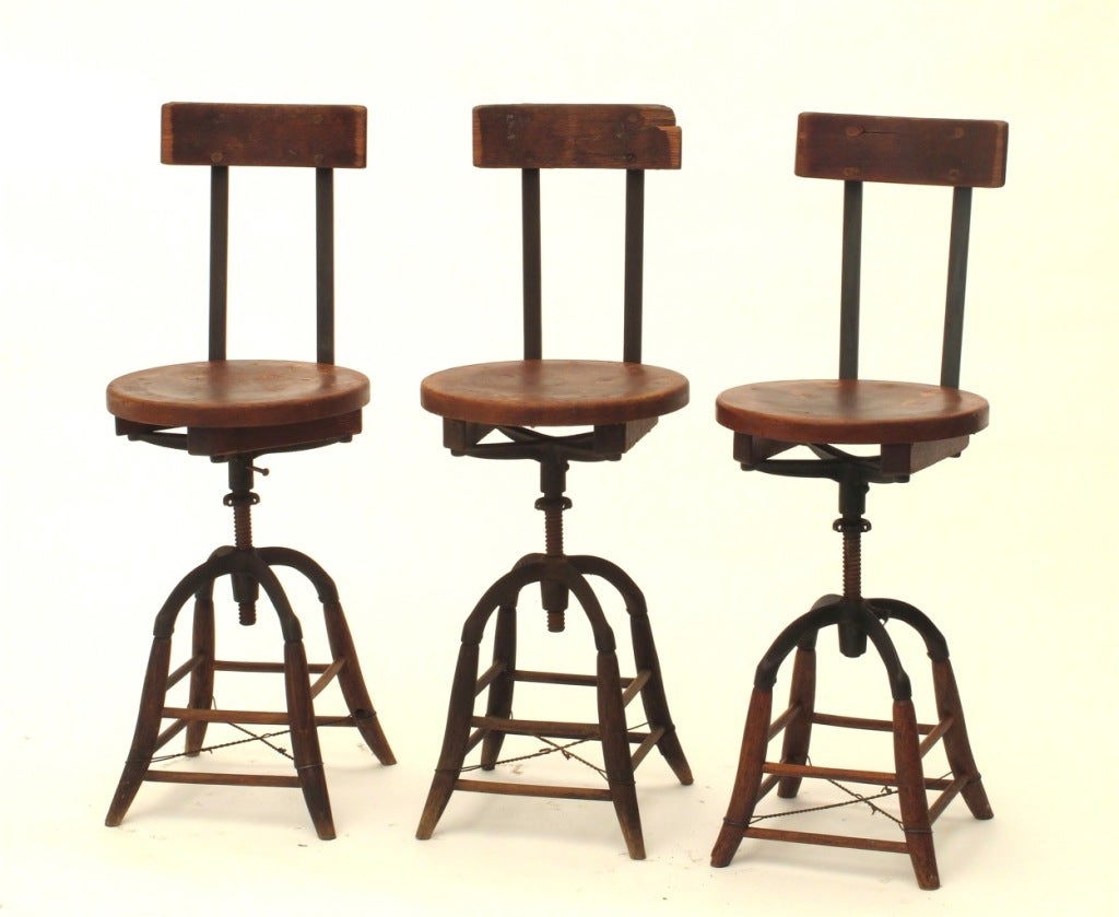 Heywood Wakefield Oak and Iron Industrial Stools, Early 1900s 4
