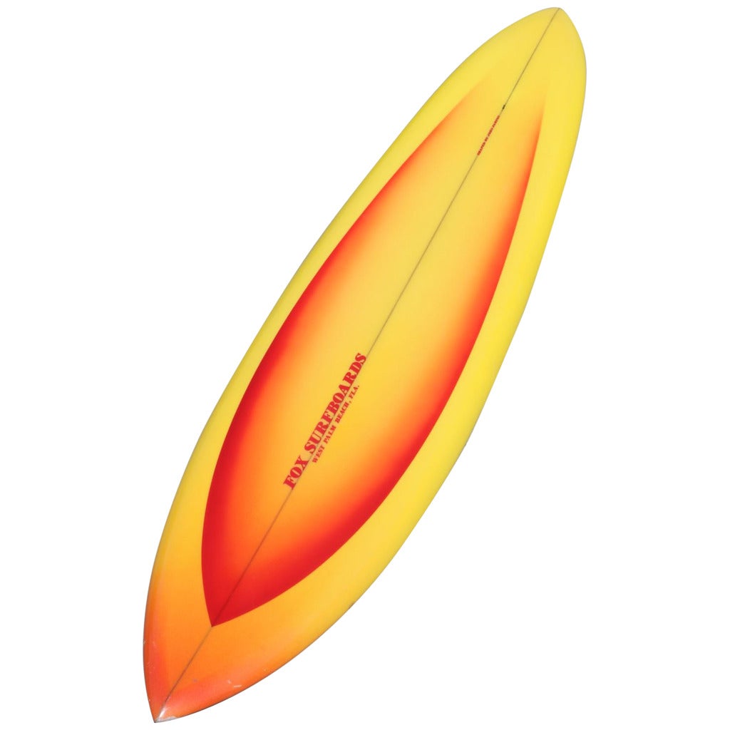 Original Vintage Orange Yellow Airbrushed Fox Surfboard by John Parton 1970s For Sale