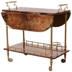 Original Aldo Tura Two-Tier Rolling Serving Cart, Brass and Lacquered Goatskin