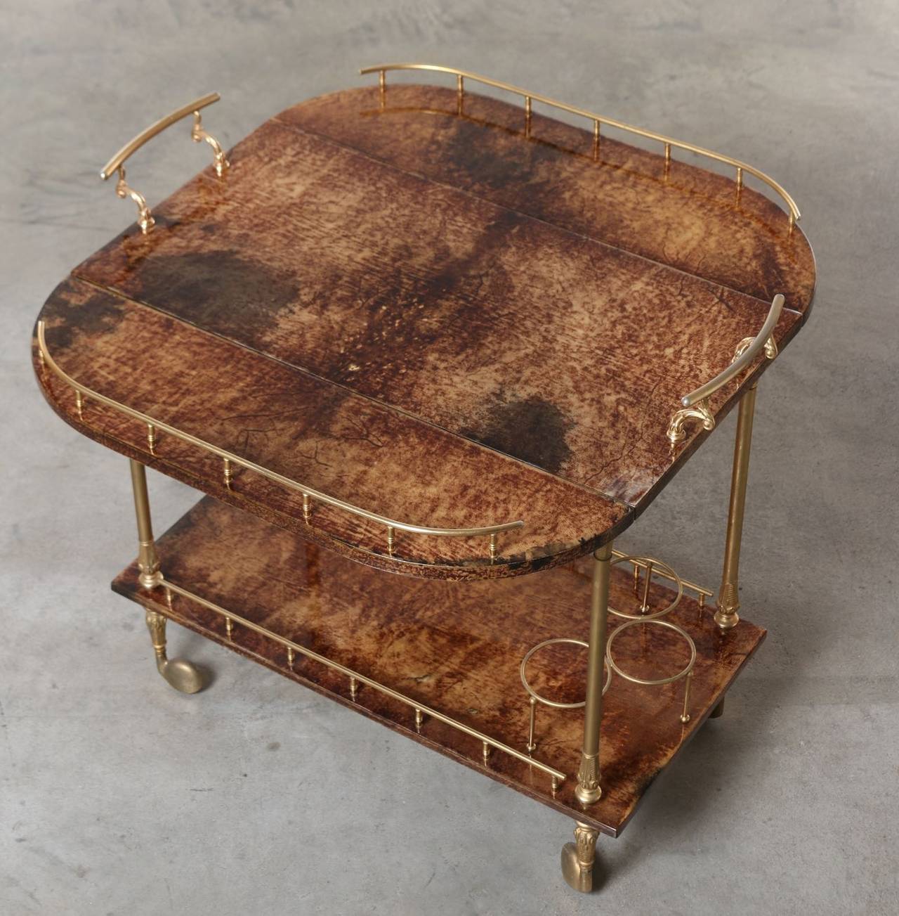 Mid-Century Modern Original Aldo Tura Two-Tier Rolling Serving Cart, Brass and Lacquered Goatskin