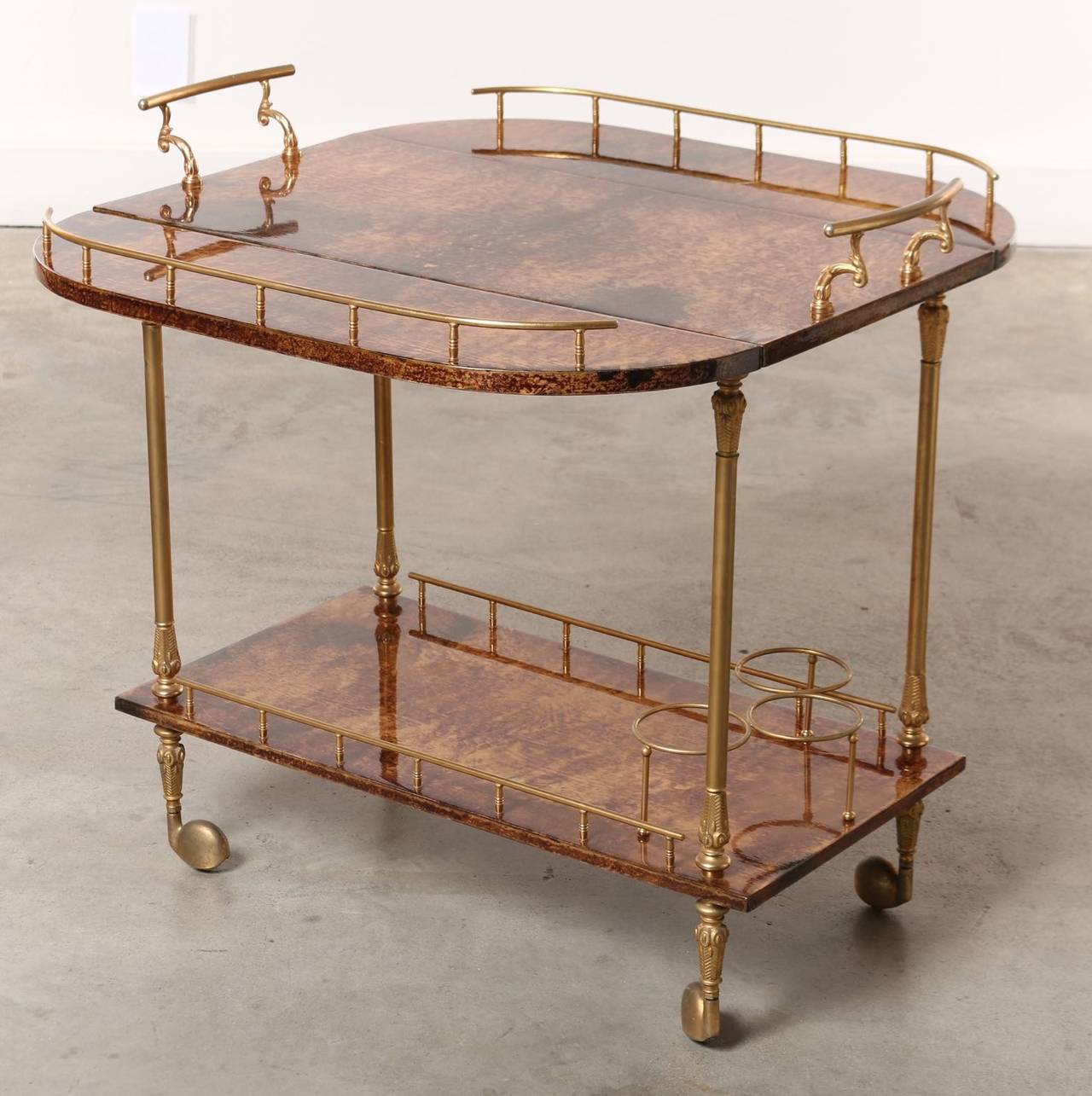 Italian Original Aldo Tura Two-Tier Rolling Serving Cart, Brass and Lacquered Goatskin