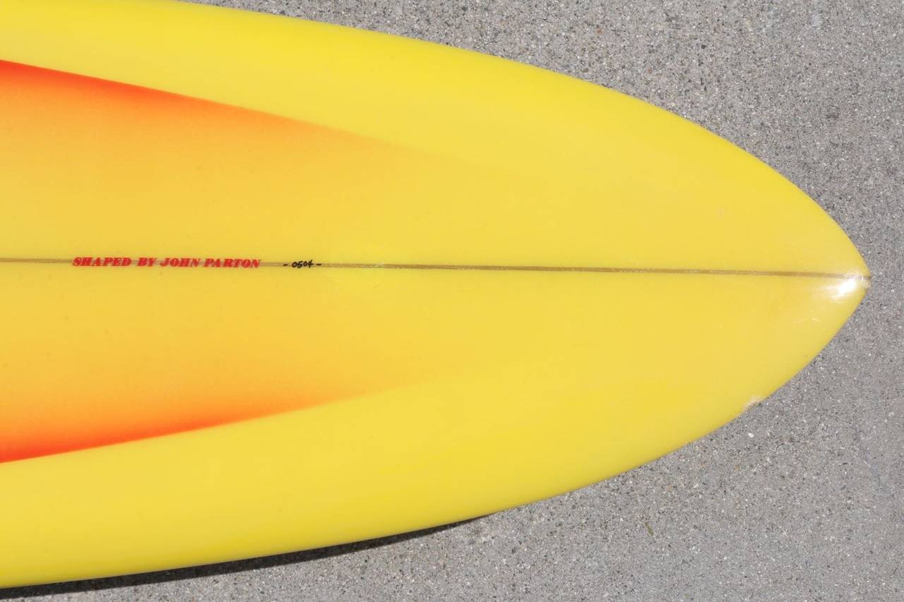 Original Vintage Orange Yellow Airbrushed Fox Surfboard by John Parton 1970s In Good Condition For Sale In Los Angeles, CA