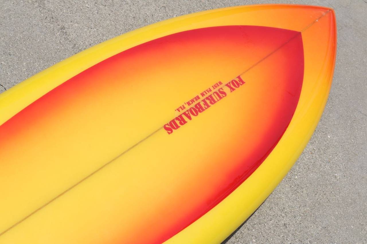 American Original Vintage Orange Yellow Airbrushed Fox Surfboard by John Parton 1970s For Sale